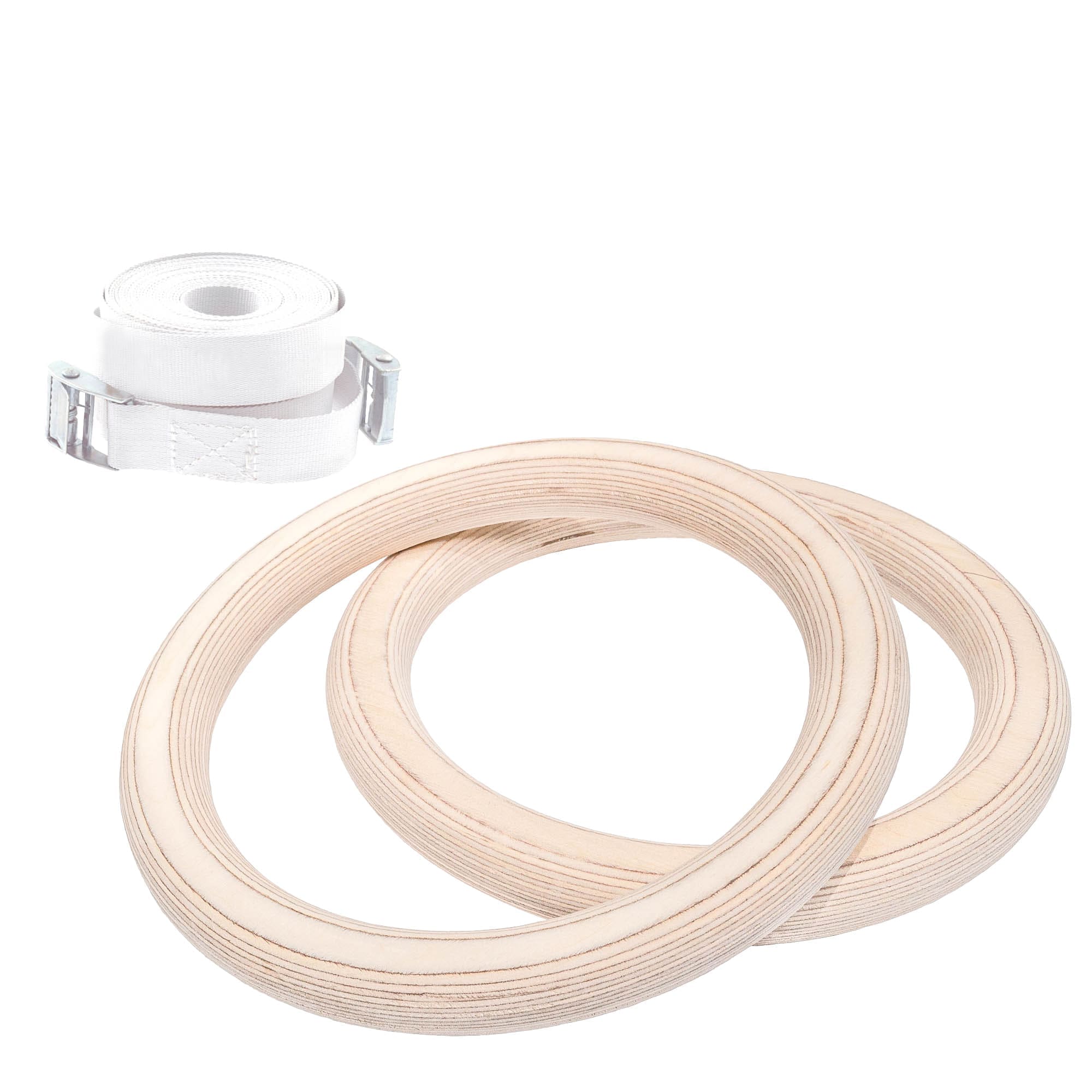 Birch colored ULPU gym rings with white straps without label